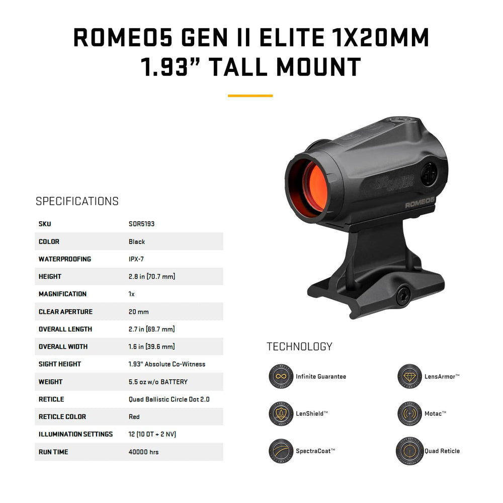 Sig Sauer ROMEO5 GEN II Elite 12 illumination settings for diverse environments.
