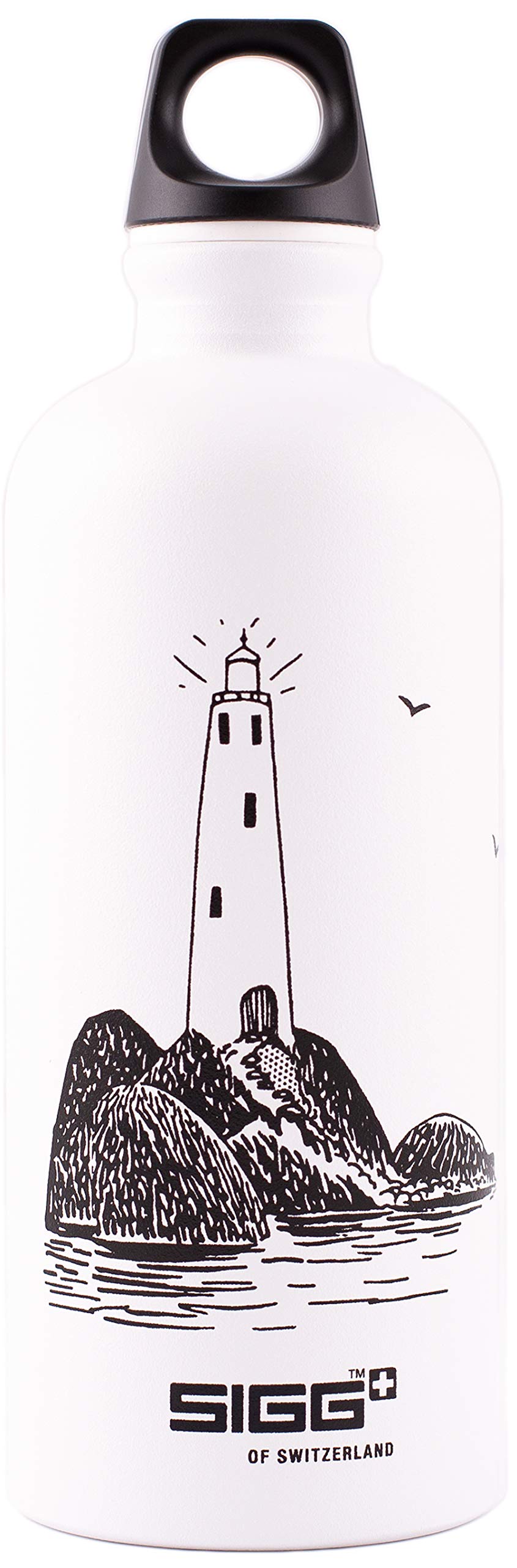 SIGG Moomin Lighthouse bottle 0.6L with cap close-up showing secure leak-proof lid for on-the-go hydration.