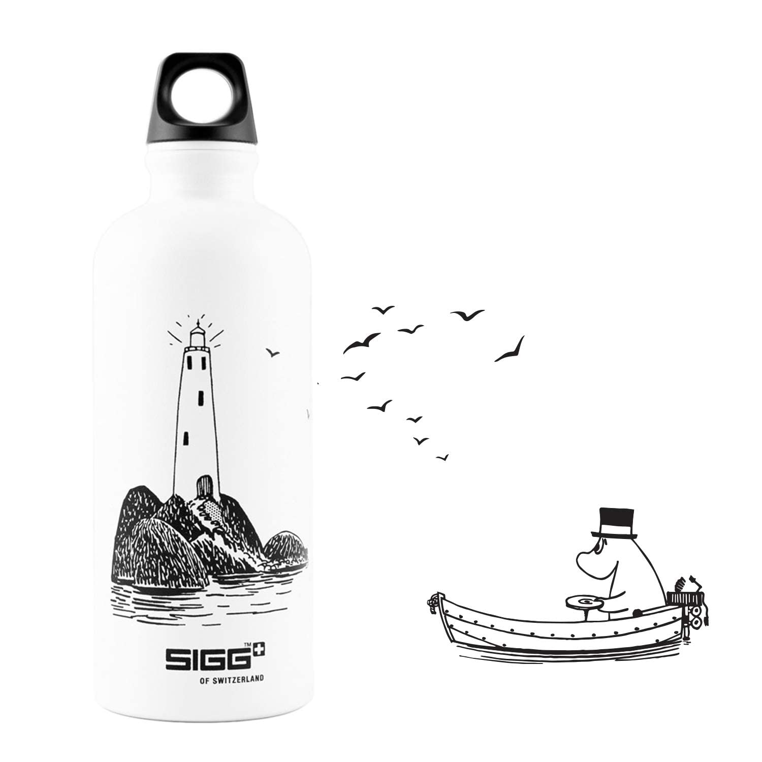 SIGG Moomin Lighthouse bottle cap close-up highlights hygienic, secure lid for kids.