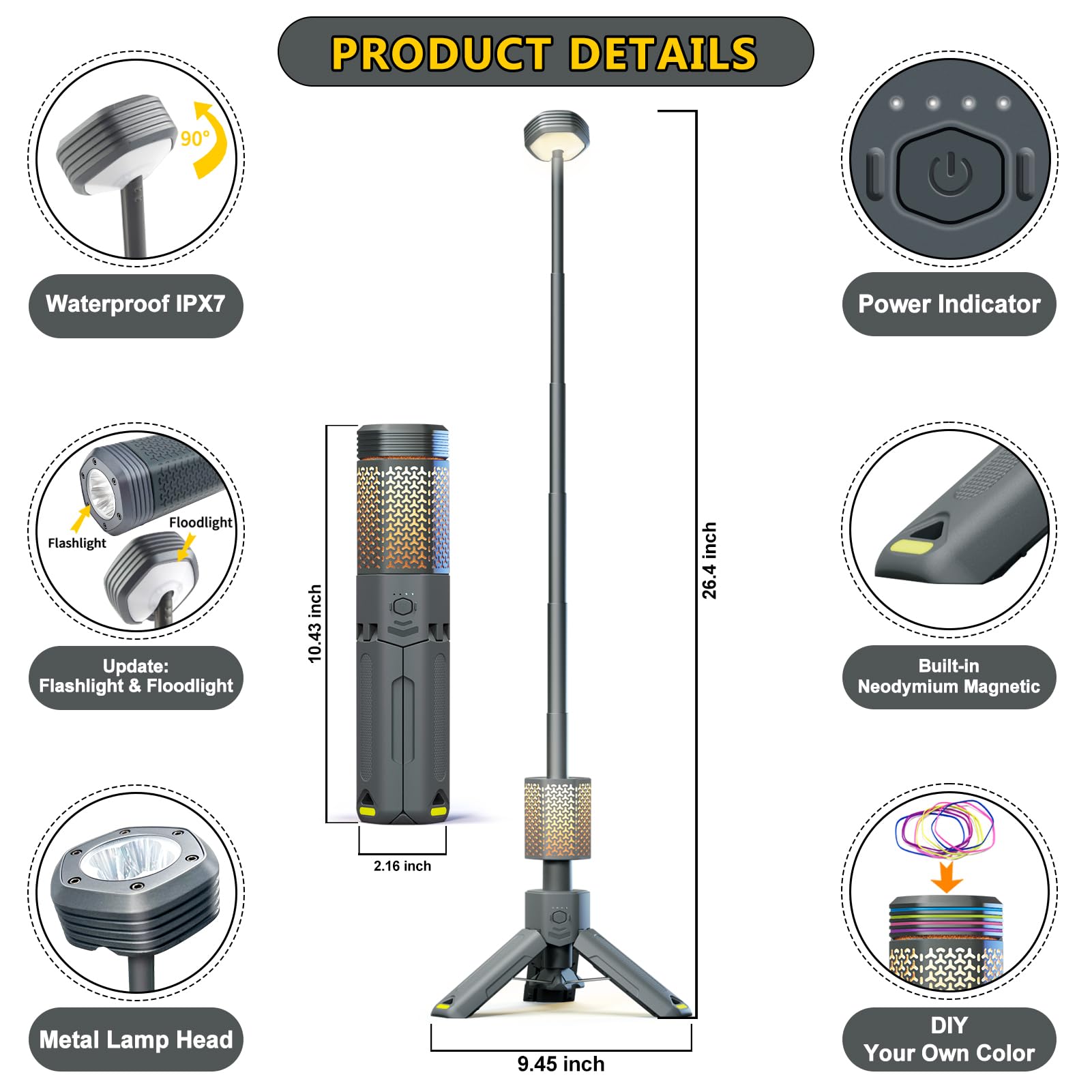 Siibbea camping lights showing telescopic-collapsible design for compact packing