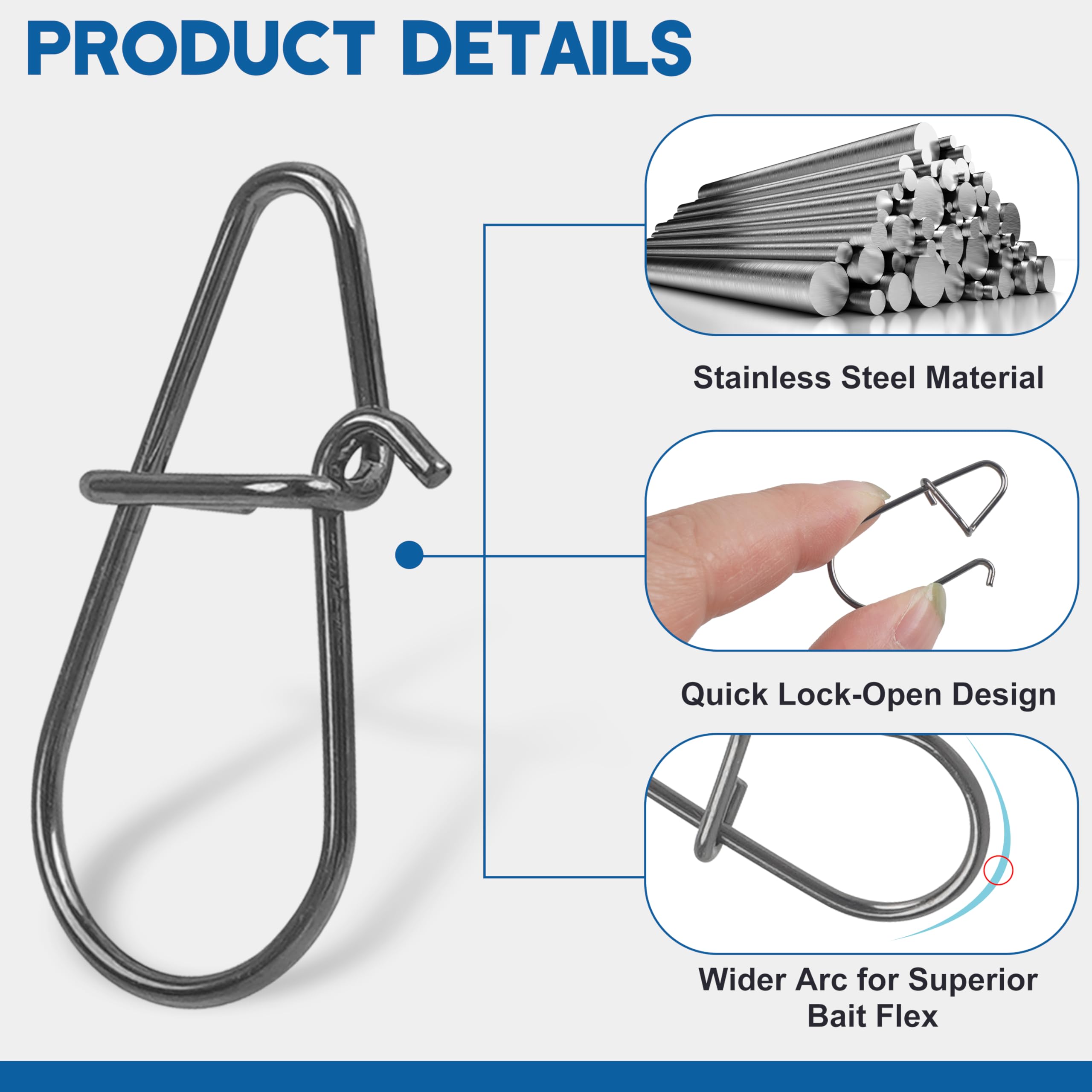 Crankbait snaps close-up – stainless steel with black nickel finish