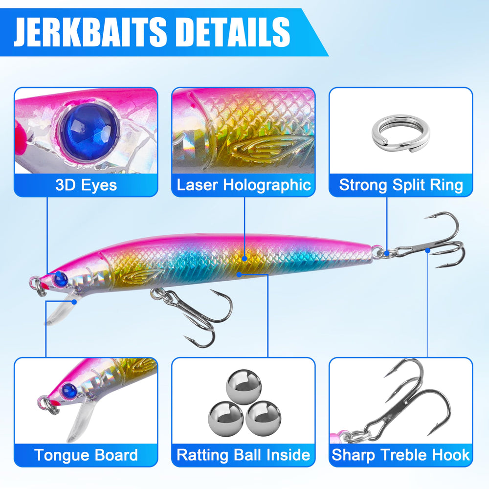 Eight colored jerkbaits arranged for bass fishing