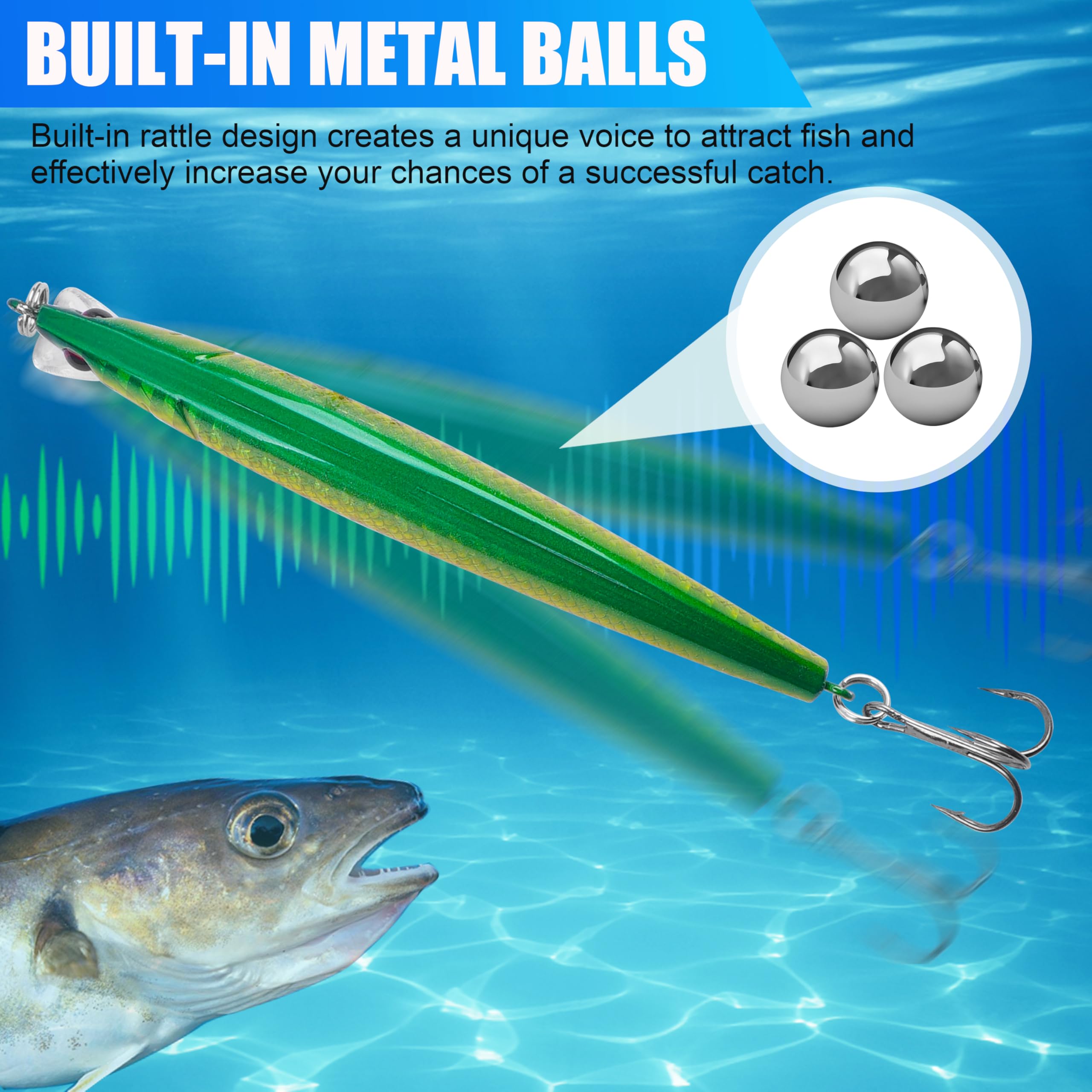 Close-up of sharp treble hooks on jerkbait lure