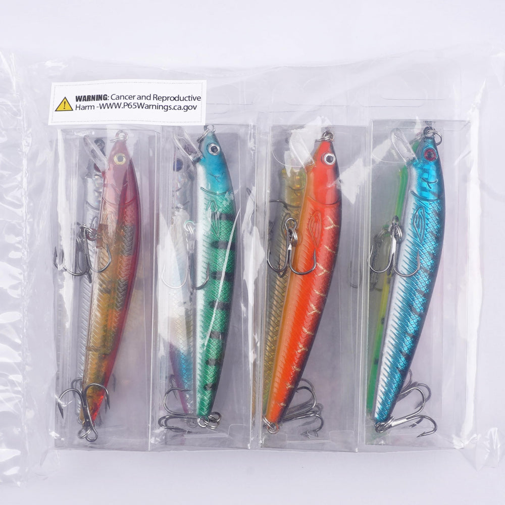 Assorted colors of minnow jerkbait against water