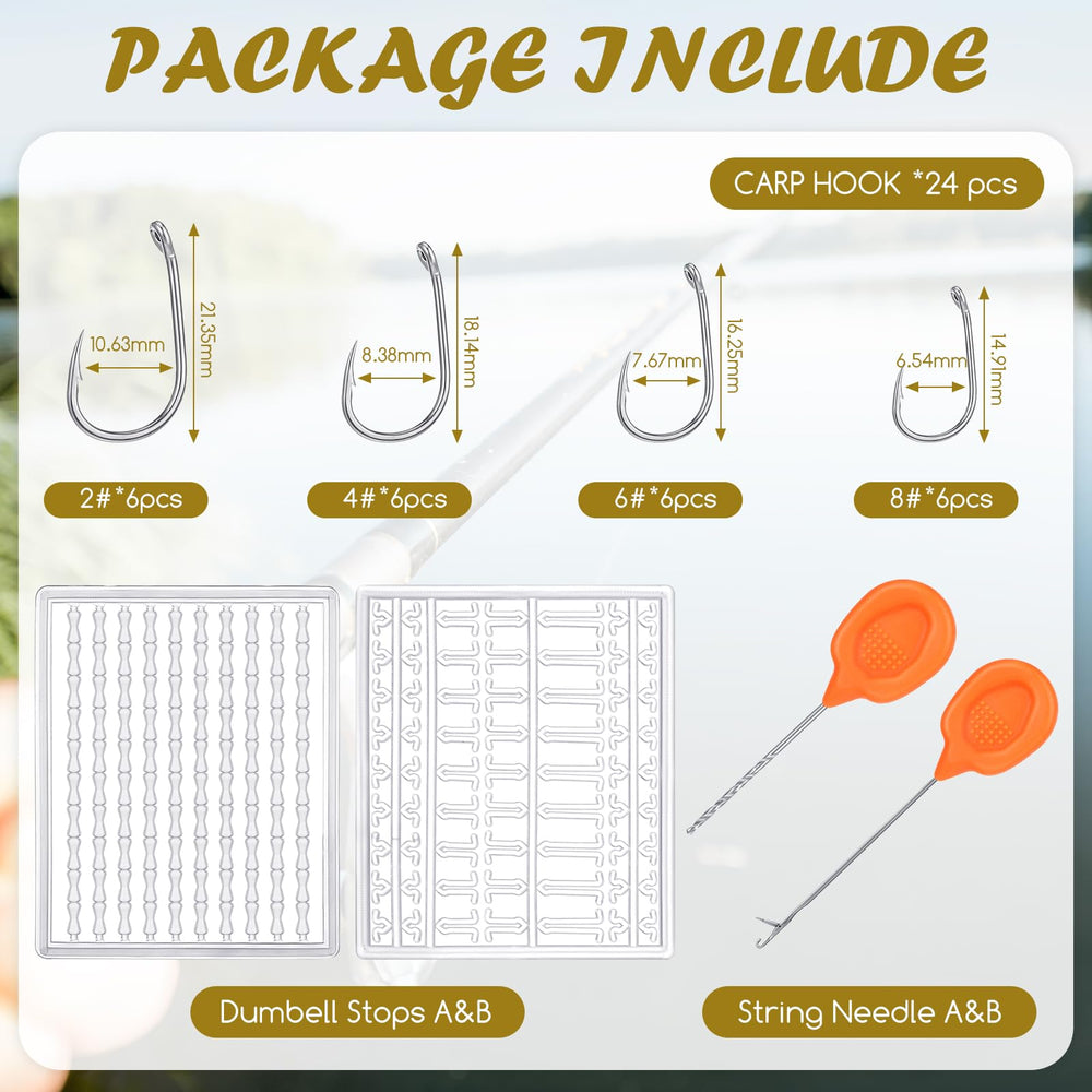 24 curved barbed carp hooks in four sizes