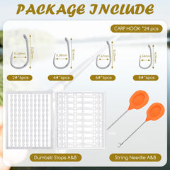 24 curved barbed carp hooks in four sizes
