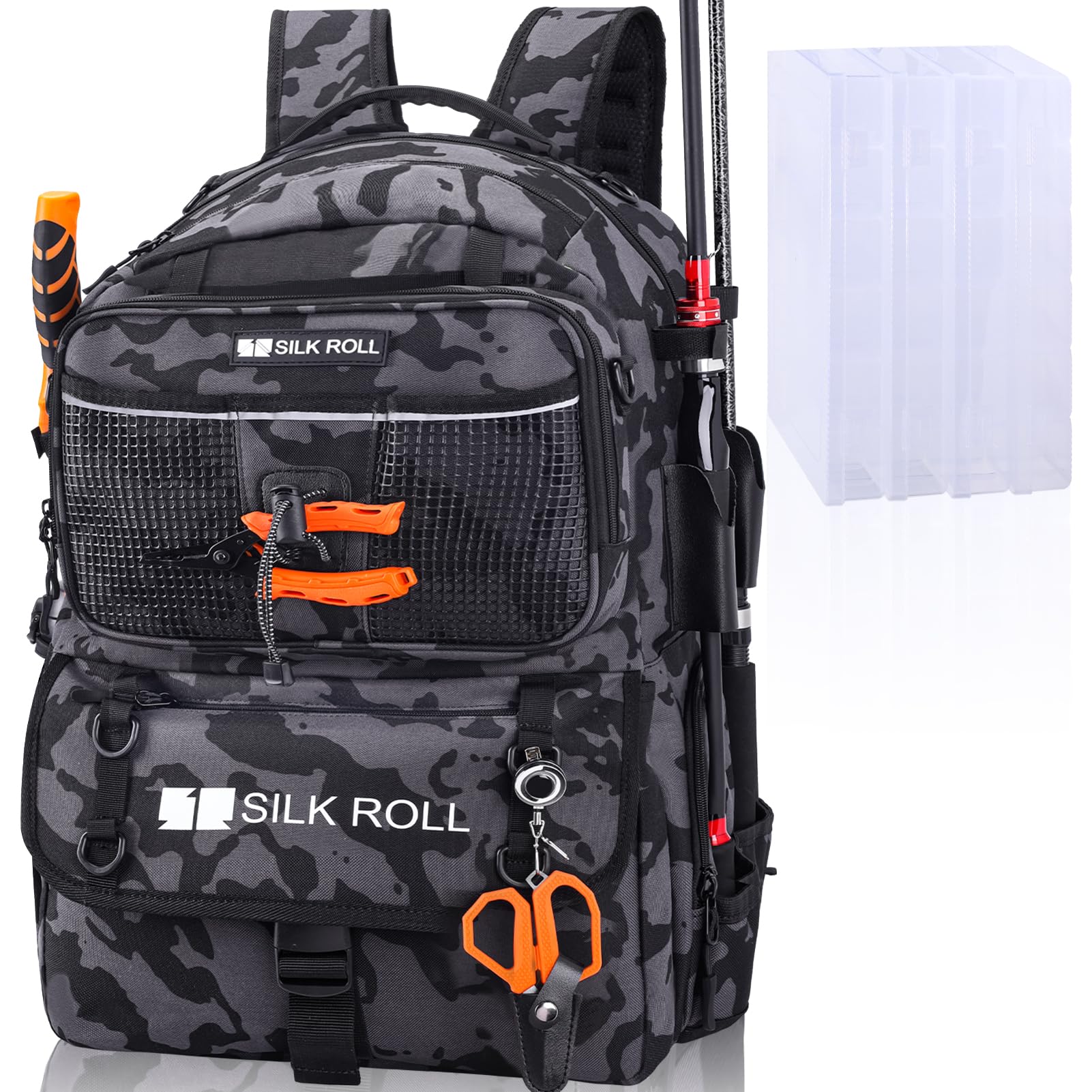 Front view of SILK ROLL 50L fishing backpack in gray camouflage