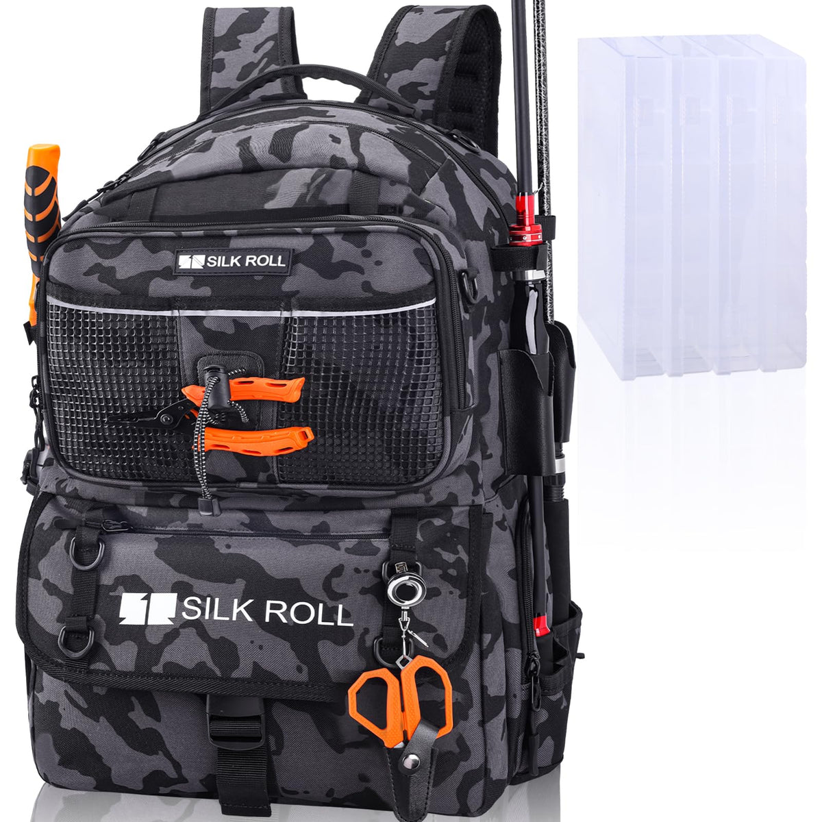 Front view of SILK ROLL 50L fishing backpack in gray camouflage