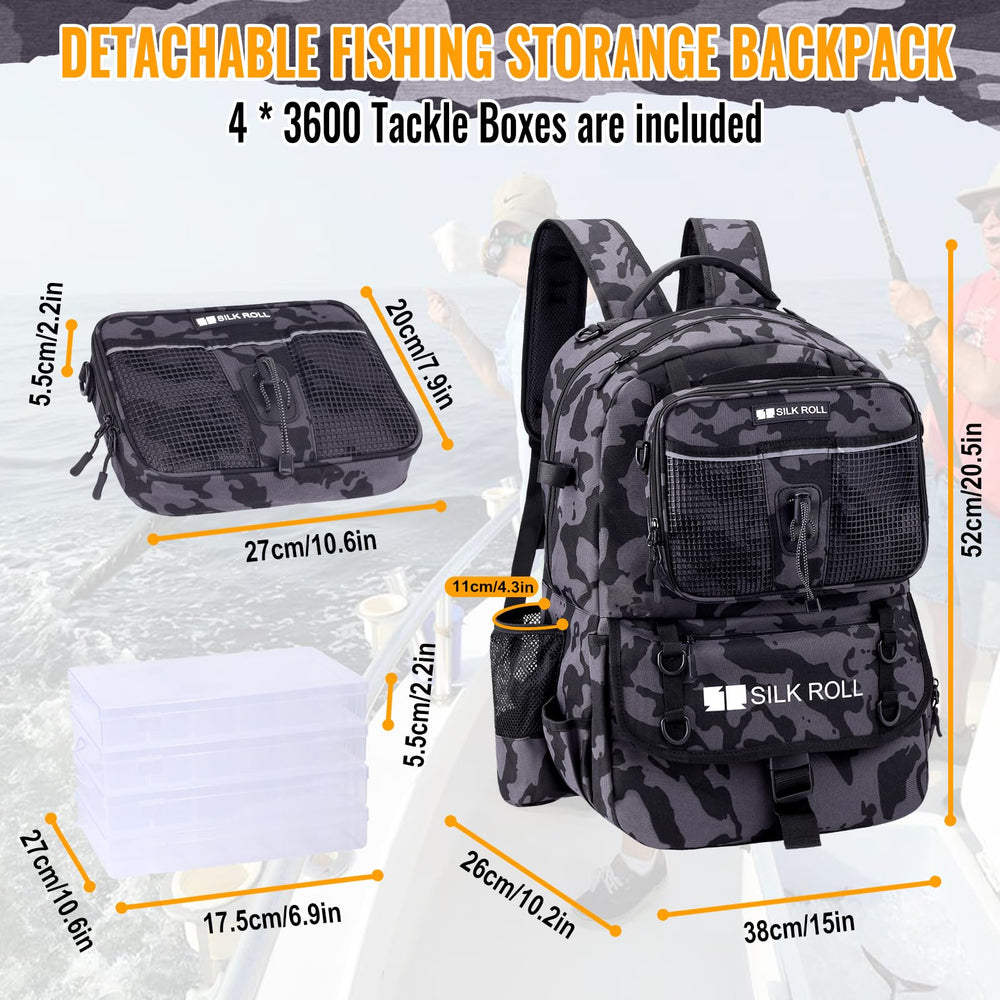 Side view of SILK ROLL 50L fishing backpack in gray camouflage