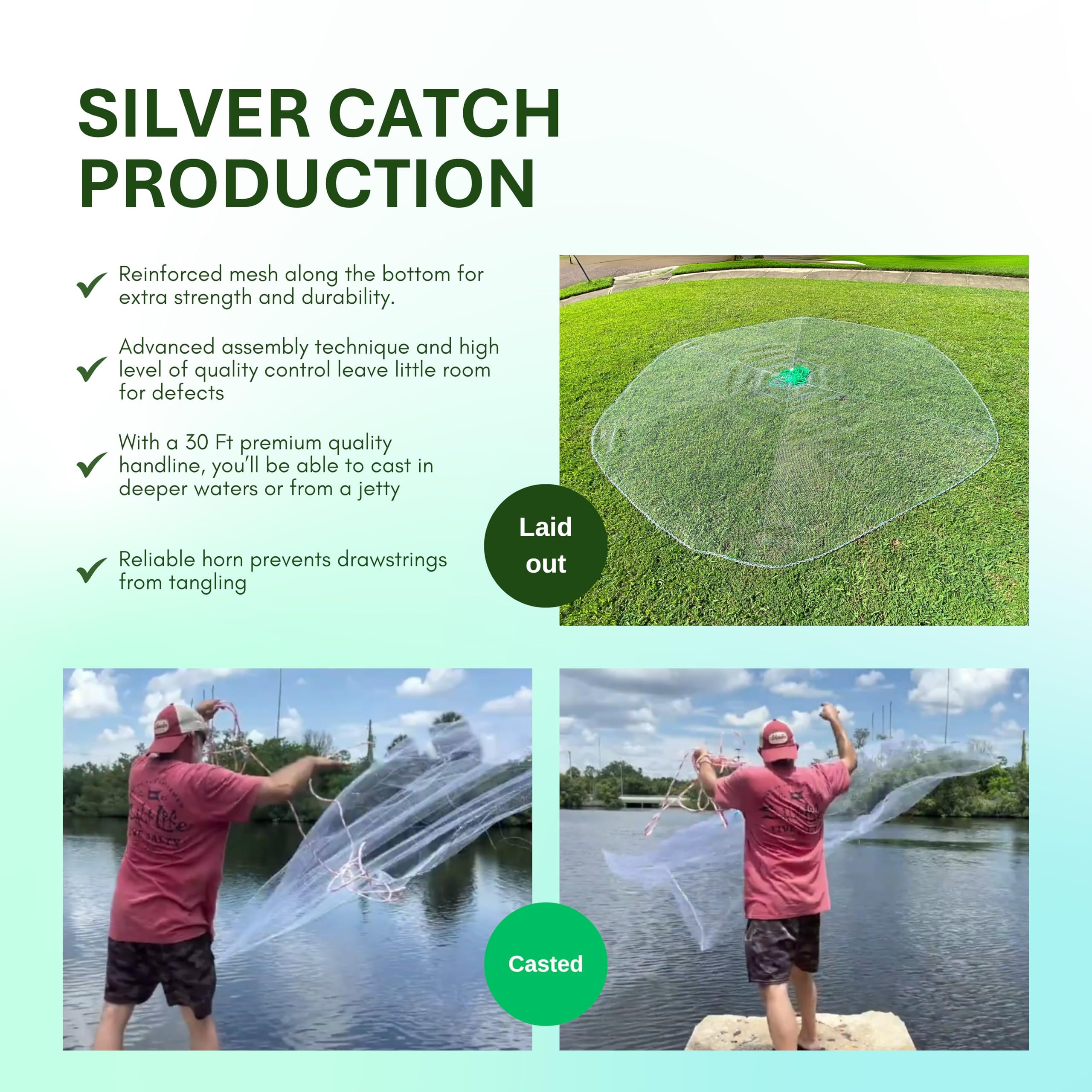 Silver Catch cast net for saltwater use withstands harsh conditions and long-term fishing