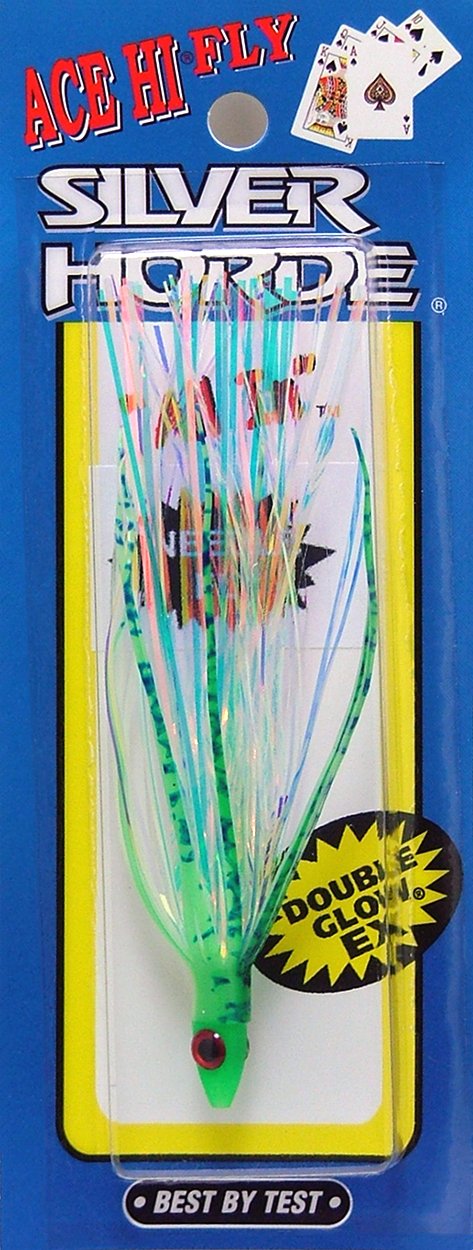Silver Horde Ace Hi Needlefish Fly Glow Green Spatter Back attracts big salmon when trolled behind a flasher