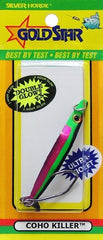 Silver Horde Coho Killer Spoon glows pink UV/EX for standout, lifelike baitfish action in low light.