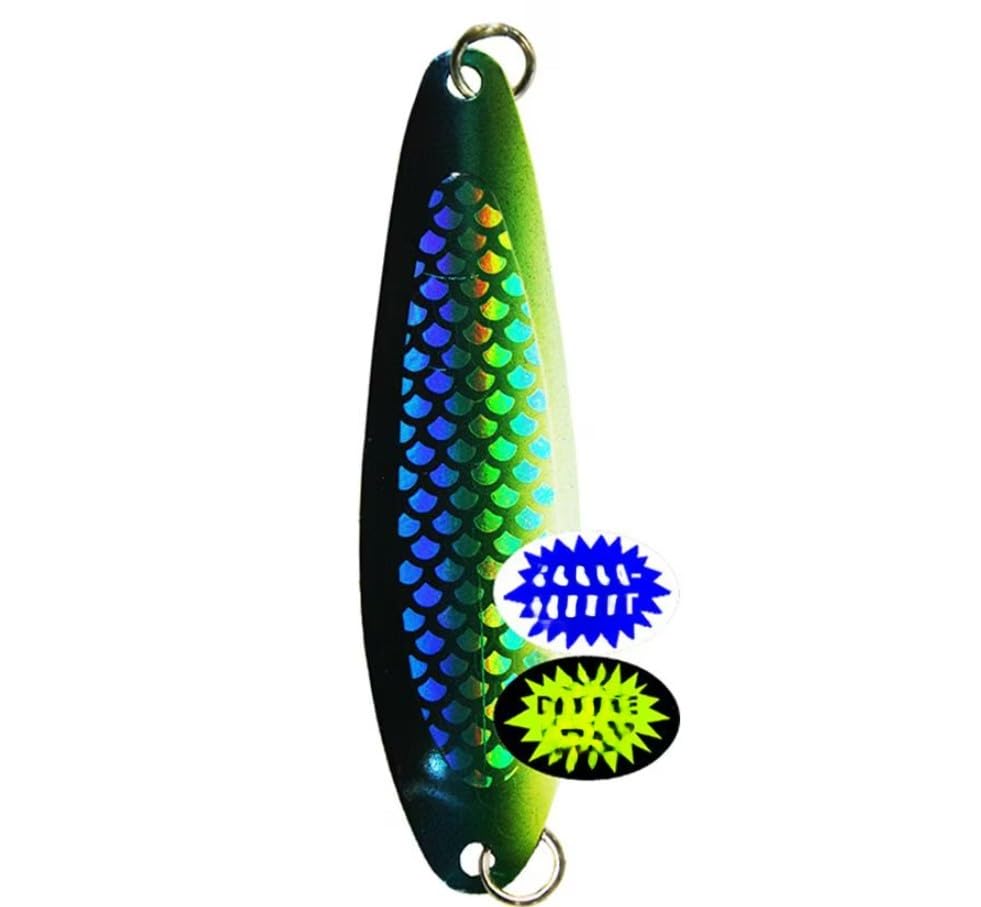 Silver Horde Kingfisher Lite Spoon with herring aid attracts salmon and pike with vivid wobble.