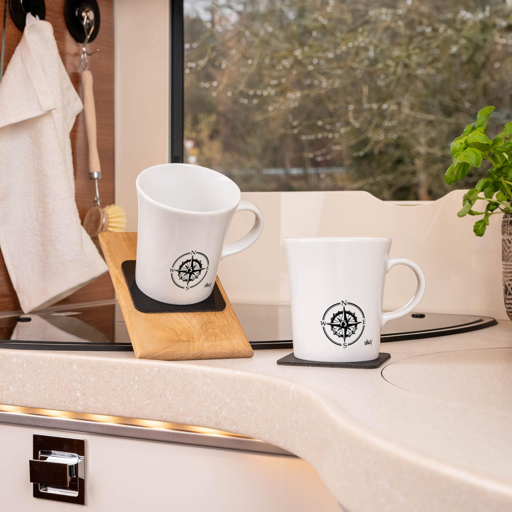 Silwy porcelain cups with nano gel pads ready for caravan kitchen use.