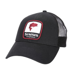 Simms Bass Patch Trucker Hat in black with adjustable snapback and mesh back, one size fits most