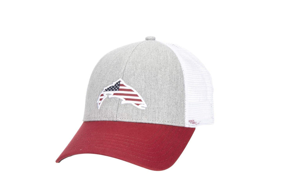 Simms Catch Trucker Hat Heather Grey with breathable mesh back for outdoor comfort