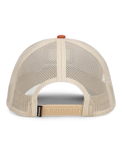 Simms Double Haul Icon Trucker orange back view, mid crown design for relaxed fit.