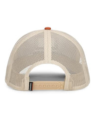 Simms Double Haul Icon Trucker orange back view, mid crown design for relaxed fit.