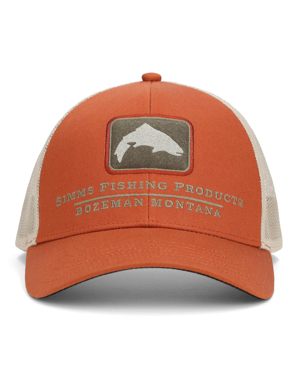 Simms Double Haul Icon Trucker orange front view, mid-crown for all-day comfort.