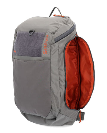 Simms Freestone Backpack Pewter harness system delivers breathable comfort for extended wear.