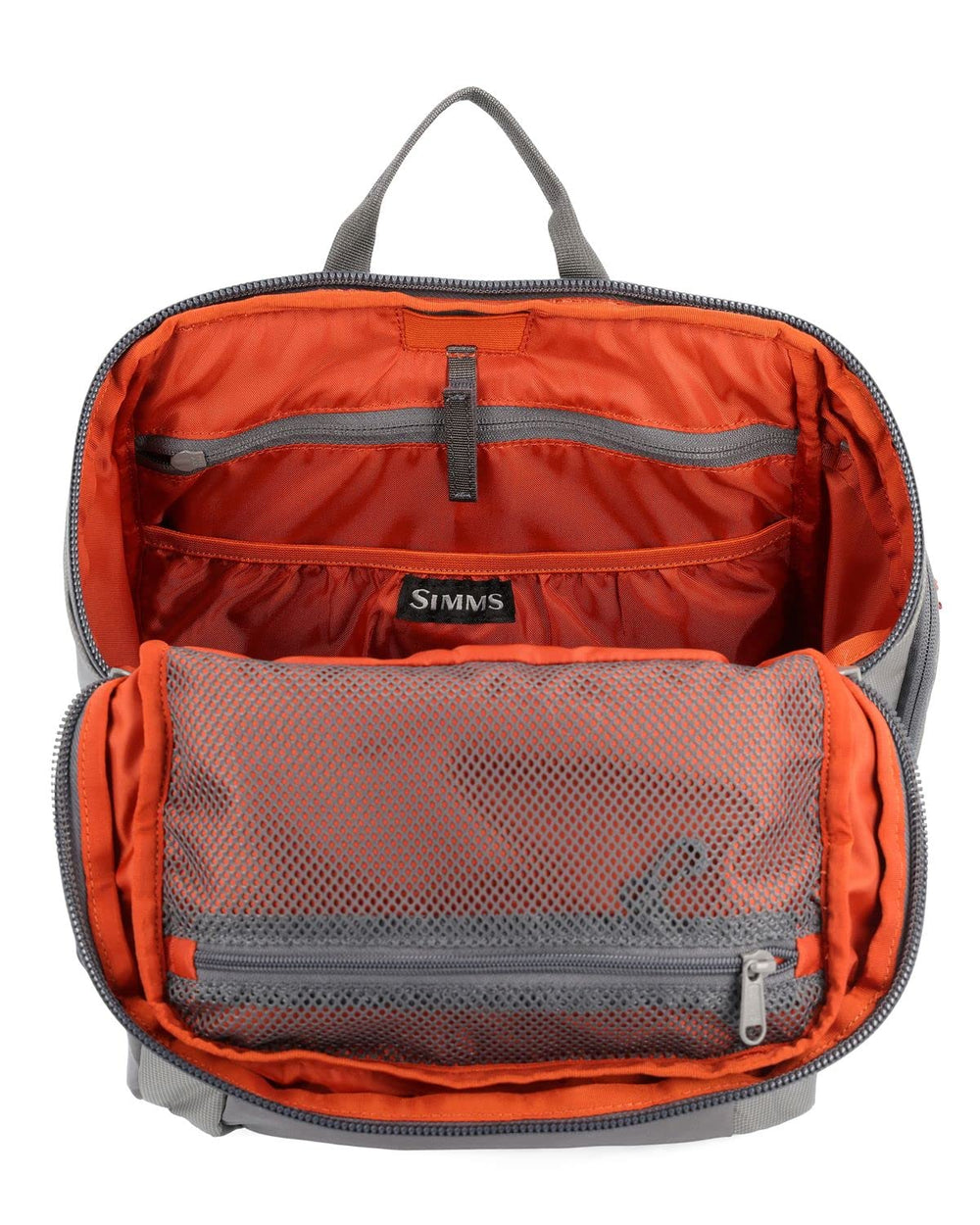 Simms Freestone Backpack Pewter hydration pocket enables quick refill during active days.