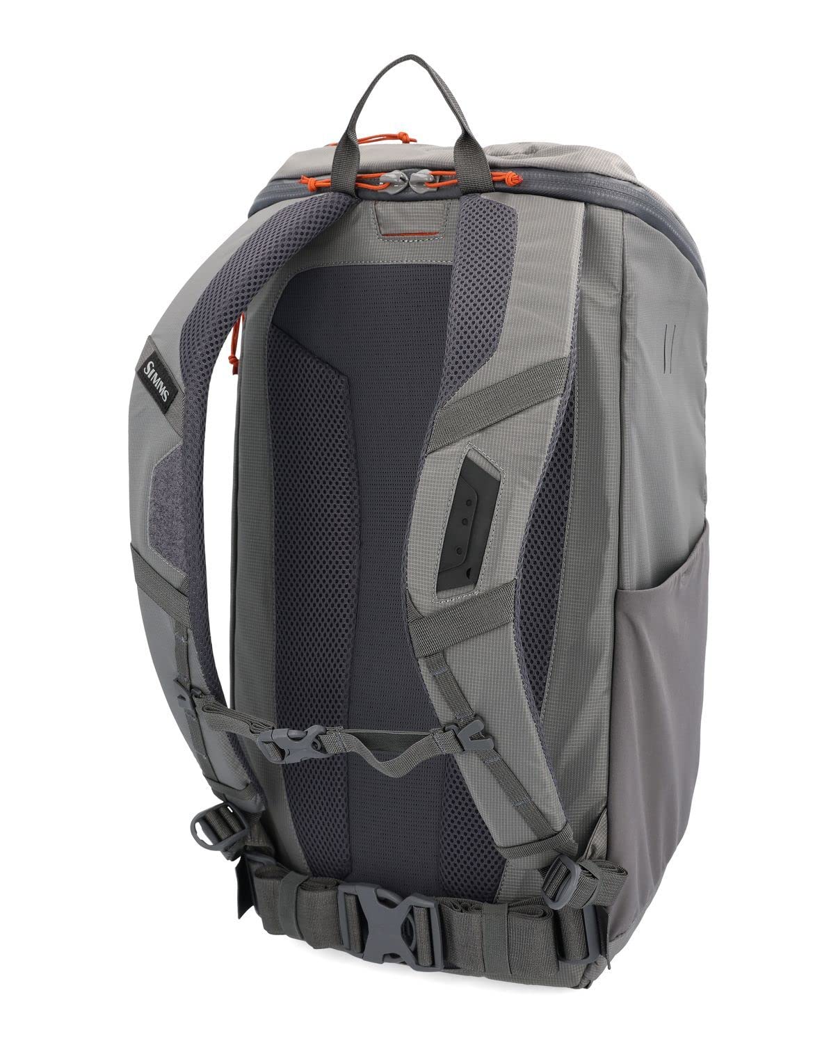 Simms Freestone Backpack Pewter rainfly stowed shows weather-ready protection when showers appear.
