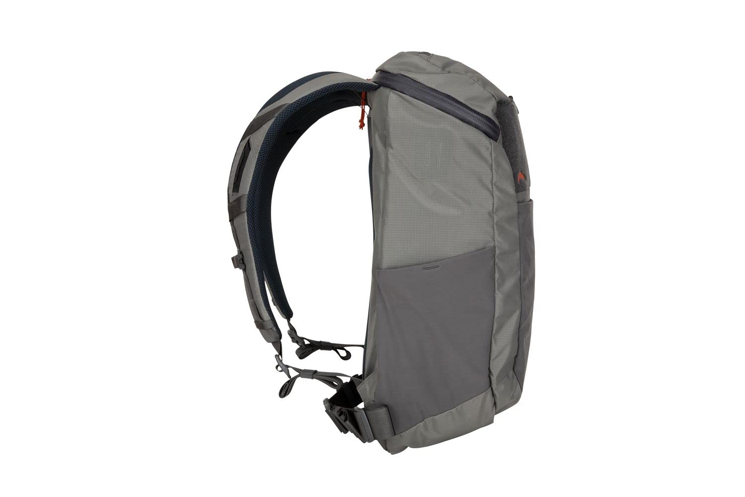 Simms Freestone Backpack Pewter side-pocket detail emphasizes quick-access organization on hikes.