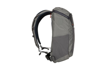 Simms Freestone Backpack Pewter side-pocket detail emphasizes quick-access organization on hikes.