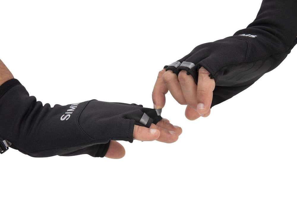 Simms Freestone half-finger mitt XL Black pairing snaps demonstrating secure storage