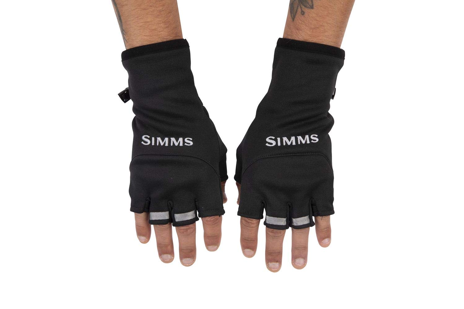 Simms Freestone half-finger mitt XL Black wrist pull loops close-up for easy on-off