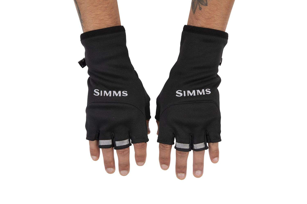 Simms Freestone half-finger mitt XL Black wrist pull loops close-up for easy on-off