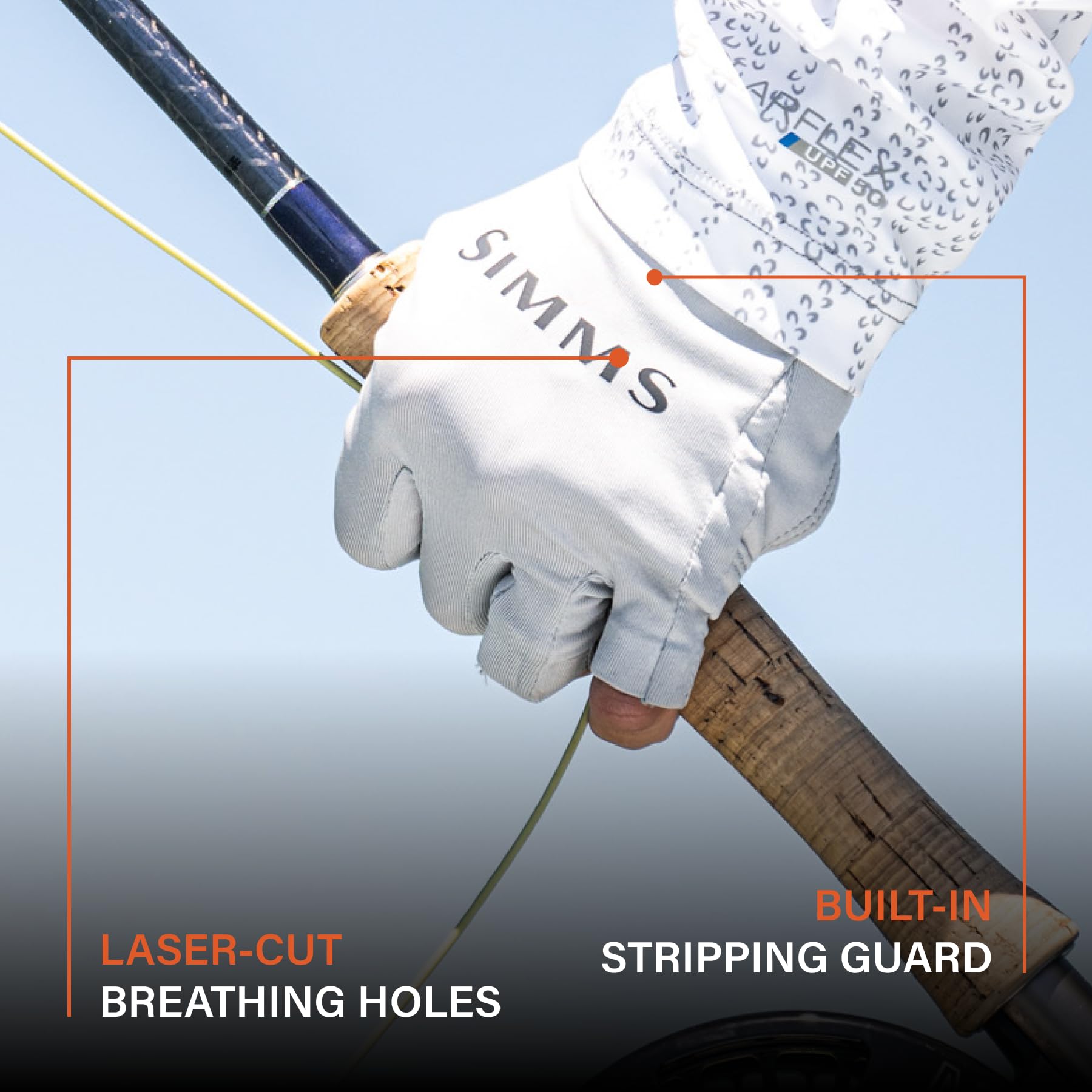 Simms SolarFlex quick-dry fabric keeps hands comfortable after splashes.