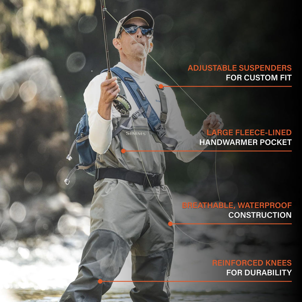 Simms Tributary waders with zippered top stash pocket for quick gear access.