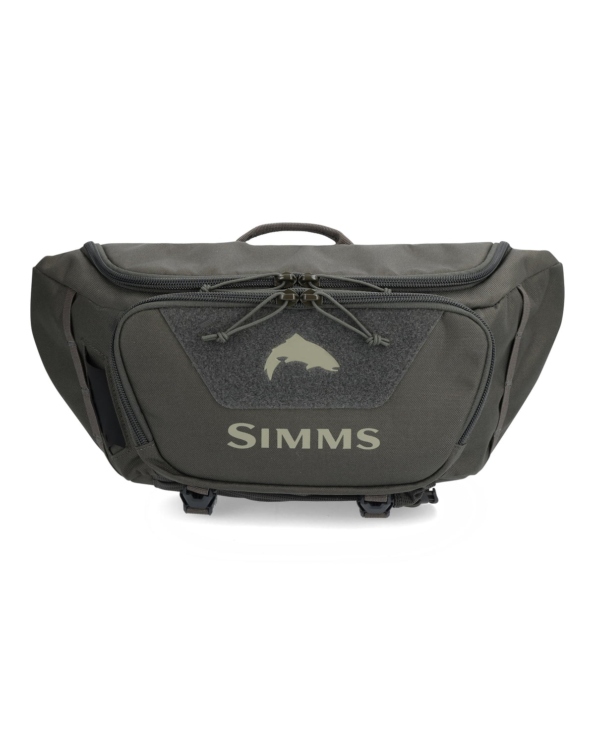 Simms Tributary Hip Pack Basalt front view with durable storage for daily adventures.