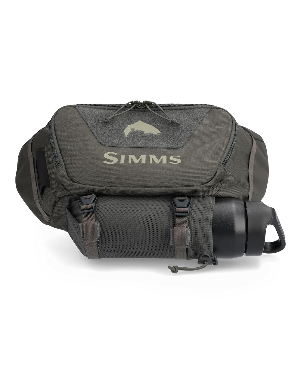 Simms Tributary Hip Pack Basalt strap adjustment illustrates versatile wear styles.