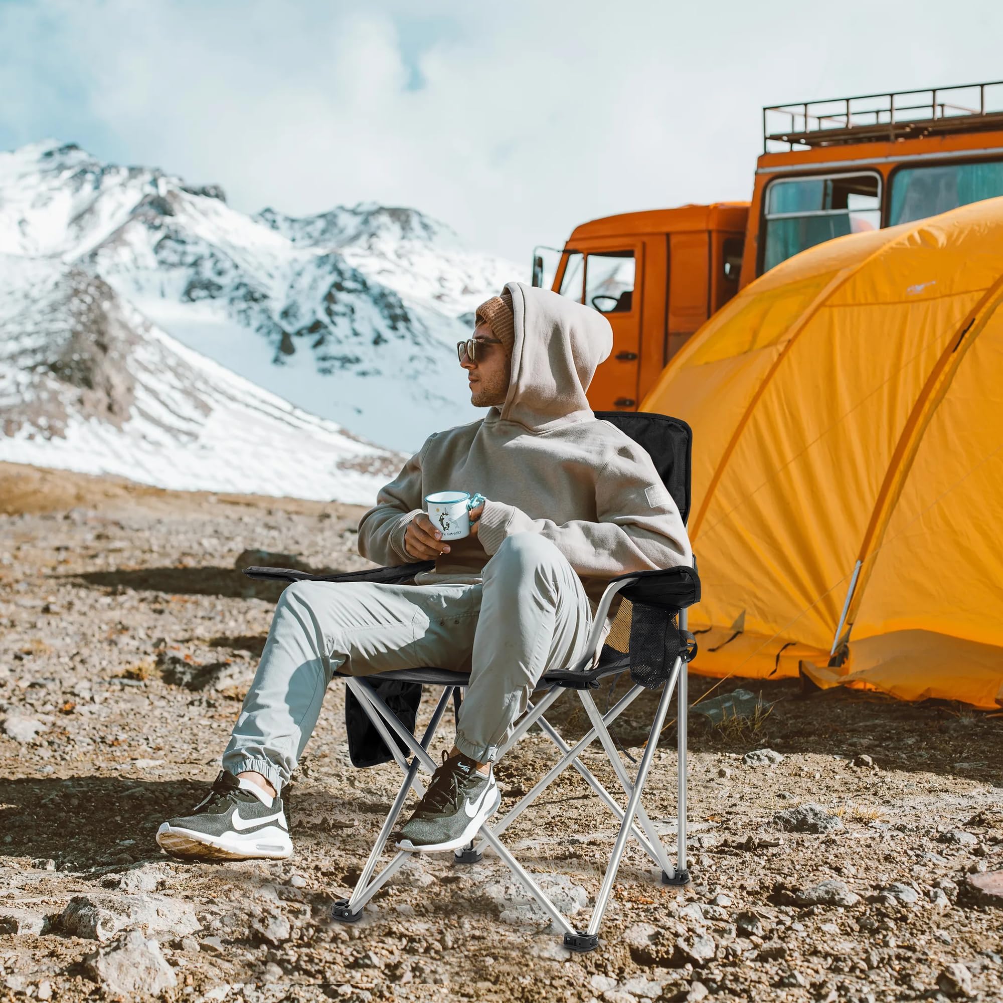 Simple Deluxe camping chair shows sturdy steel frame and 600D Oxford fabric for durability.