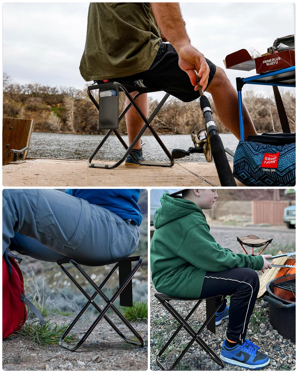 Simple Deluxe camping stool opens and folds quickly for fast setup.