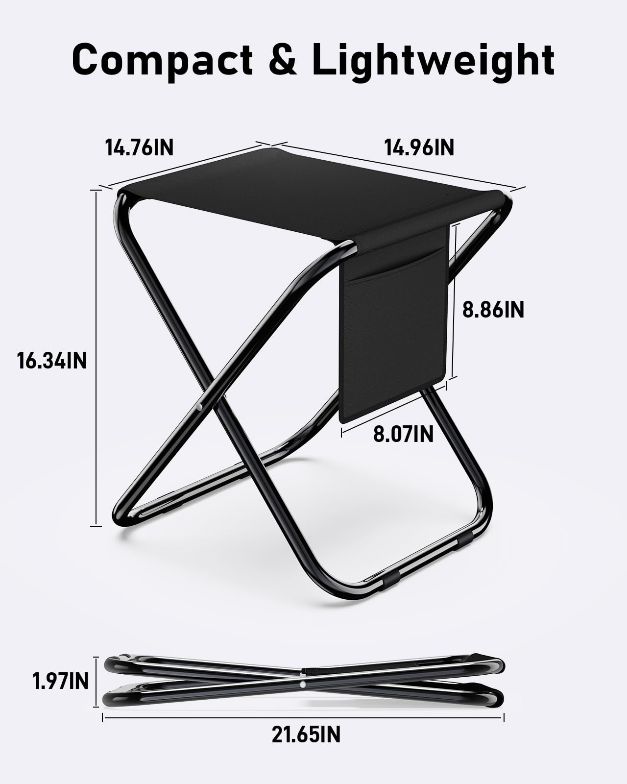 Simple Deluxe camping stool seat measures 14x14 inches for comfortable seating.