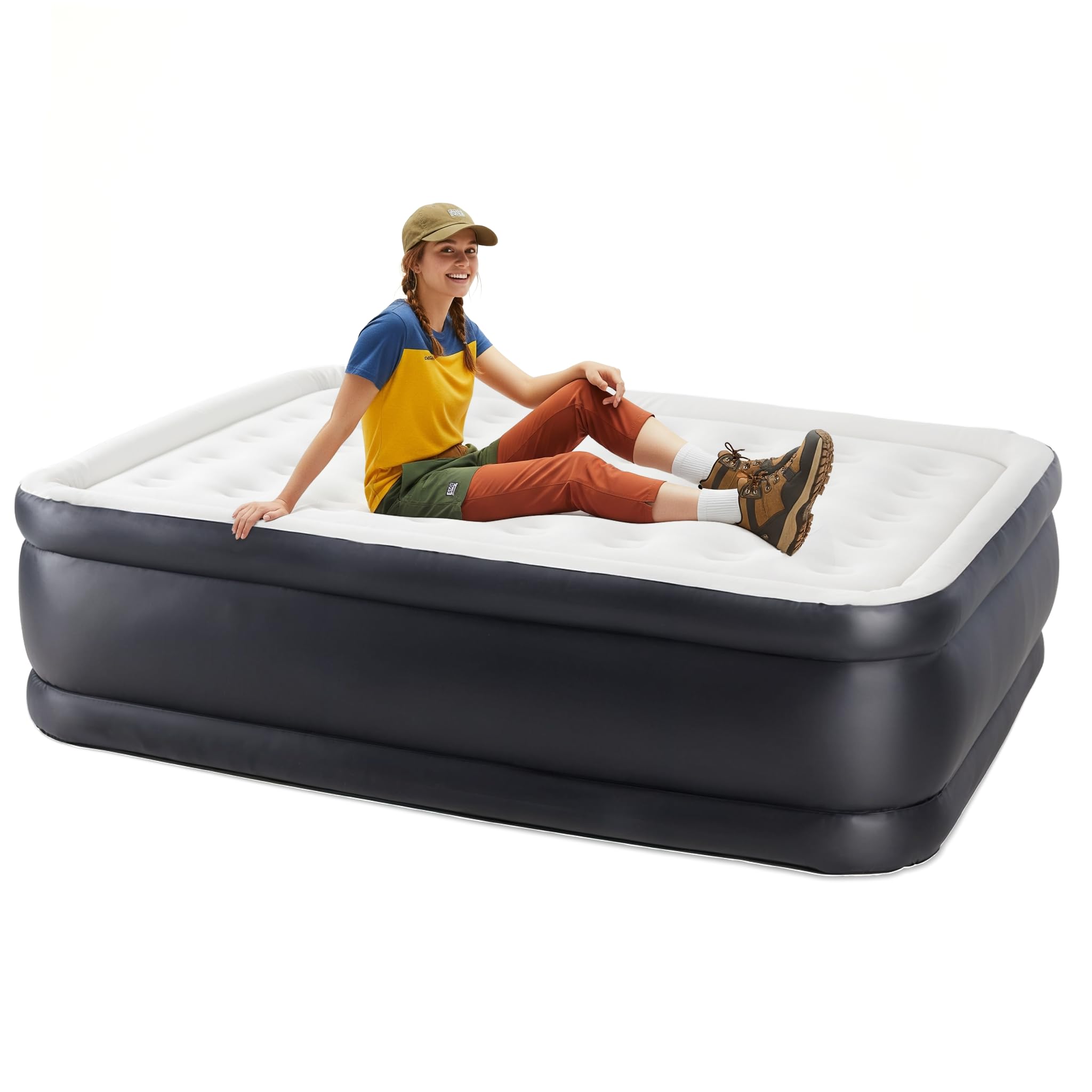 Simple Deluxe queen camping air mattress with built-in pump inflating quickly.