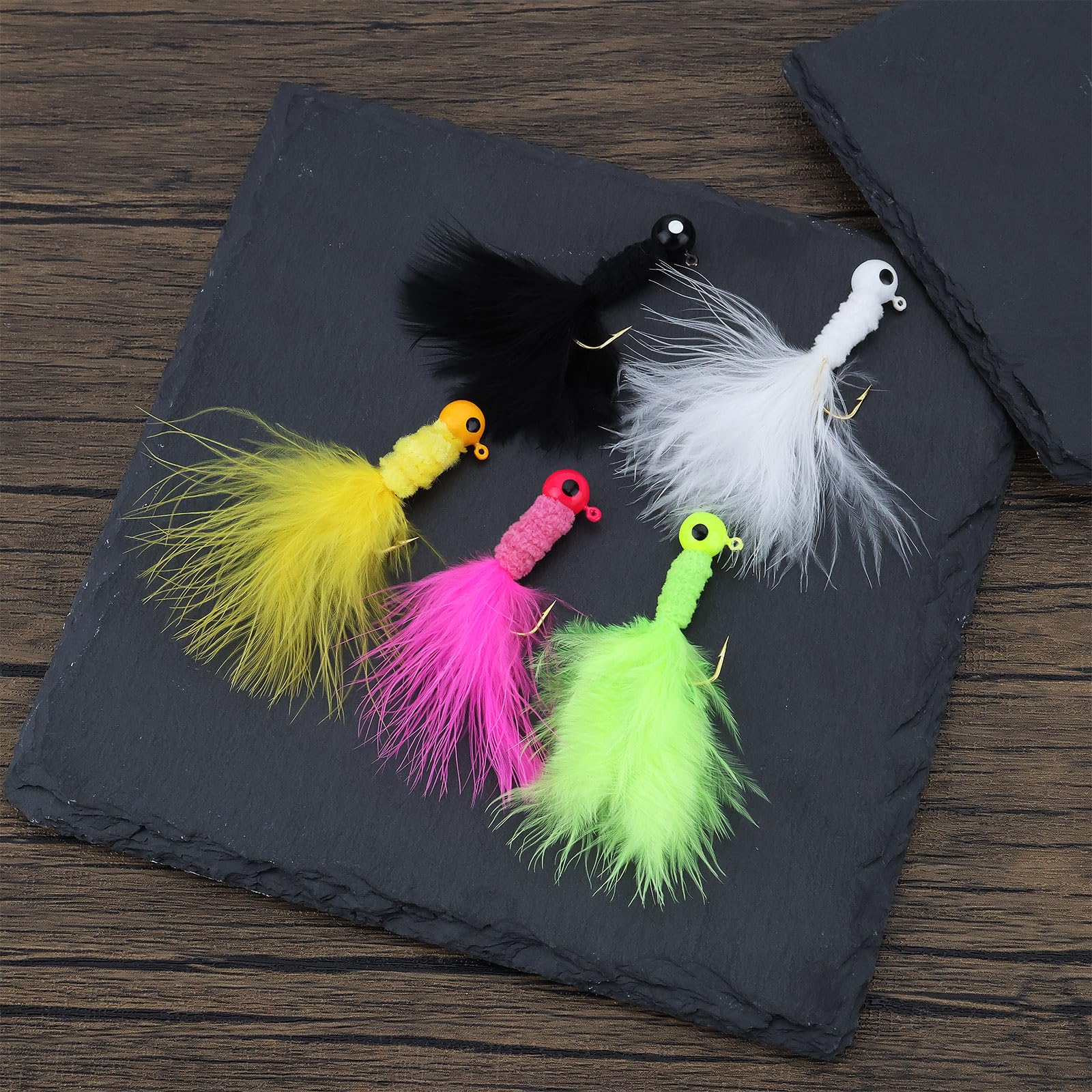 Close-up of round ball head jig with feather hair