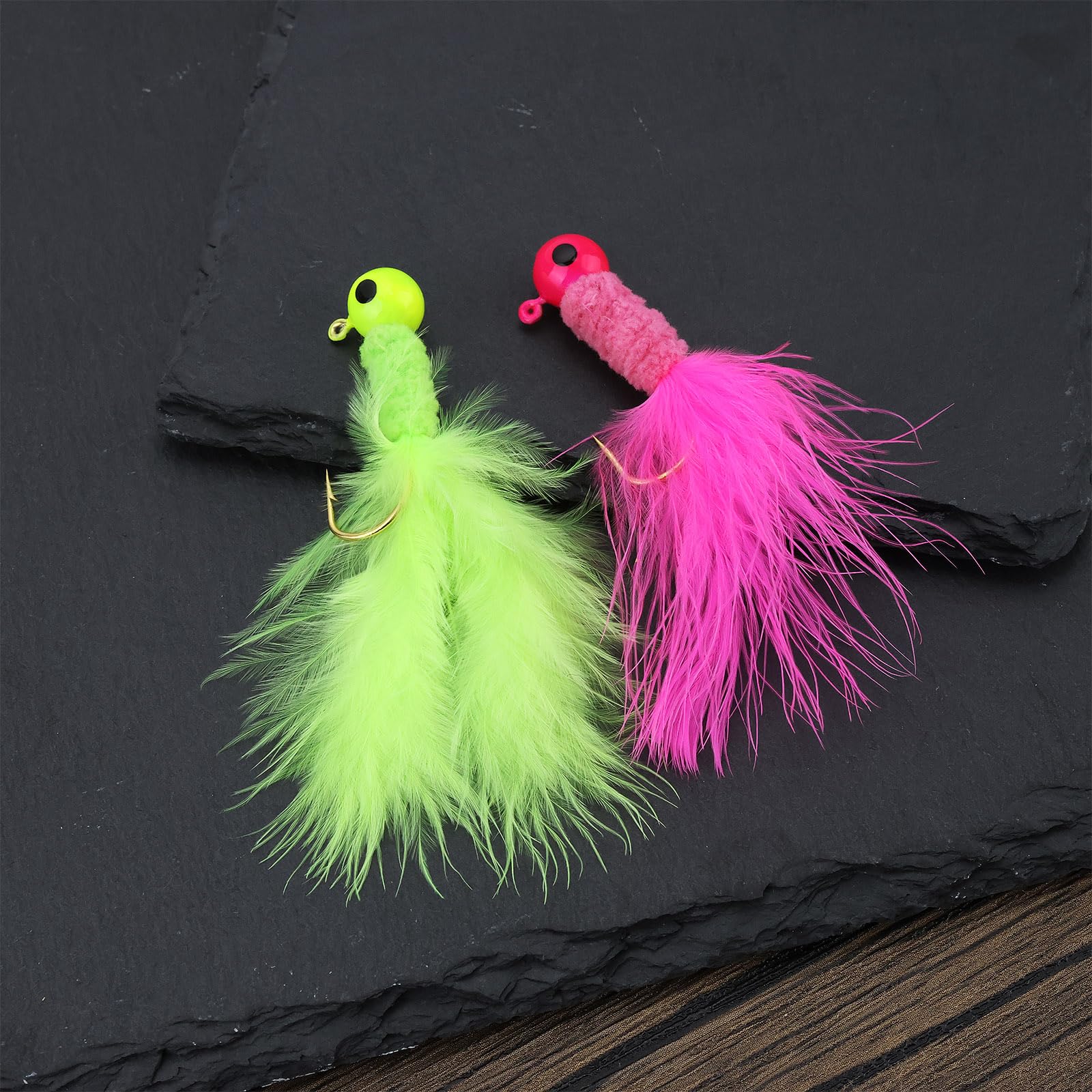 Black 1/8oz jig head with feather hair