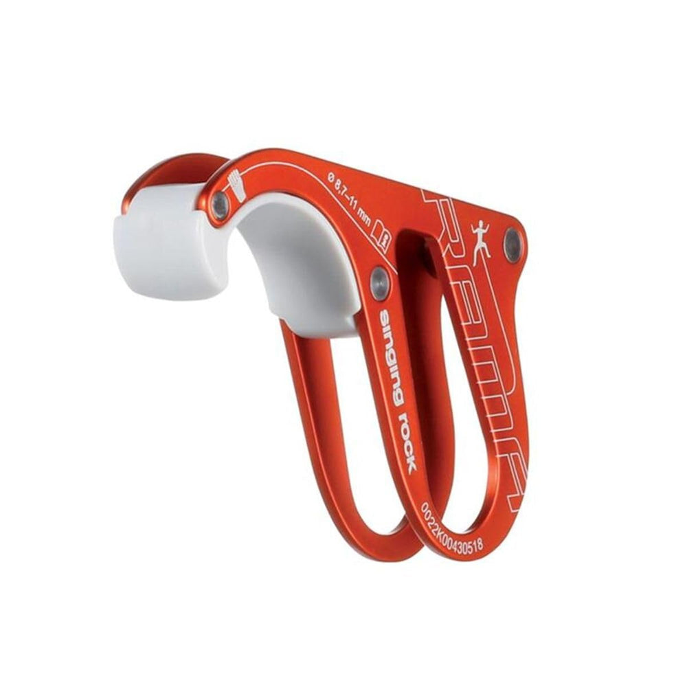 Singing Rock Rama orange in use demonstrates smooth braking and controlled rope handling.