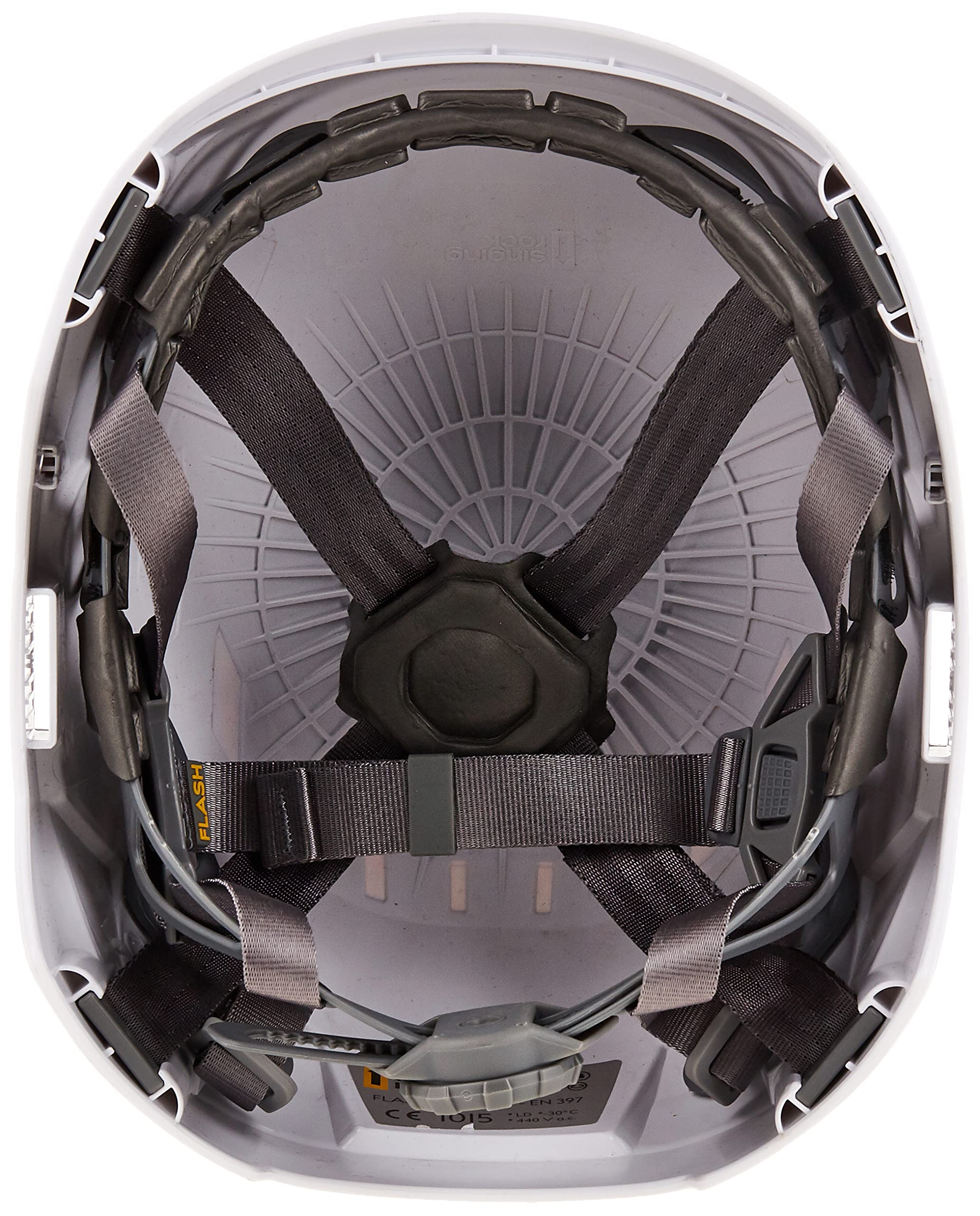 Singing Rock Flash Industry helmet, chin-strap detail, secure overhead protection.
