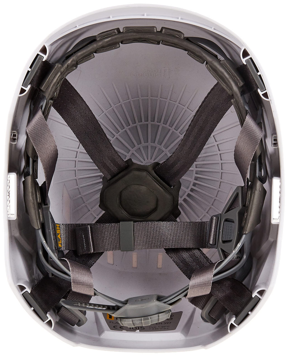 Singing Rock Flash Industry helmet, chin-strap detail, secure overhead protection.