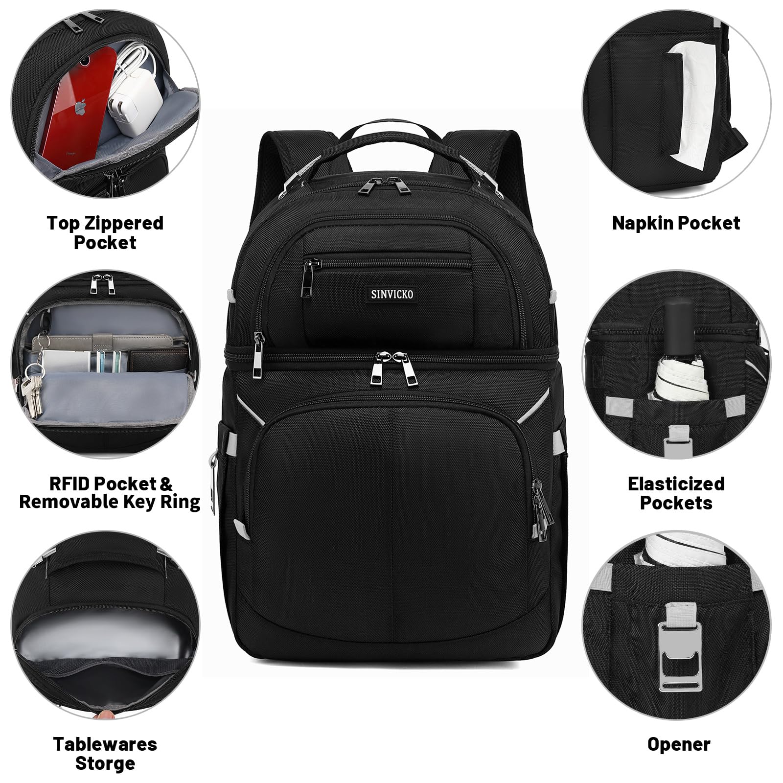 SINVICKO cooler backpack upper dry compartment helps separate snacks from drinks.