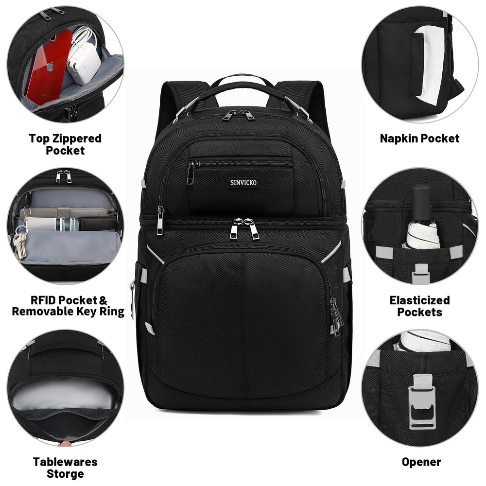 SINVICKO cooler backpack upper dry compartment helps separate snacks from drinks.