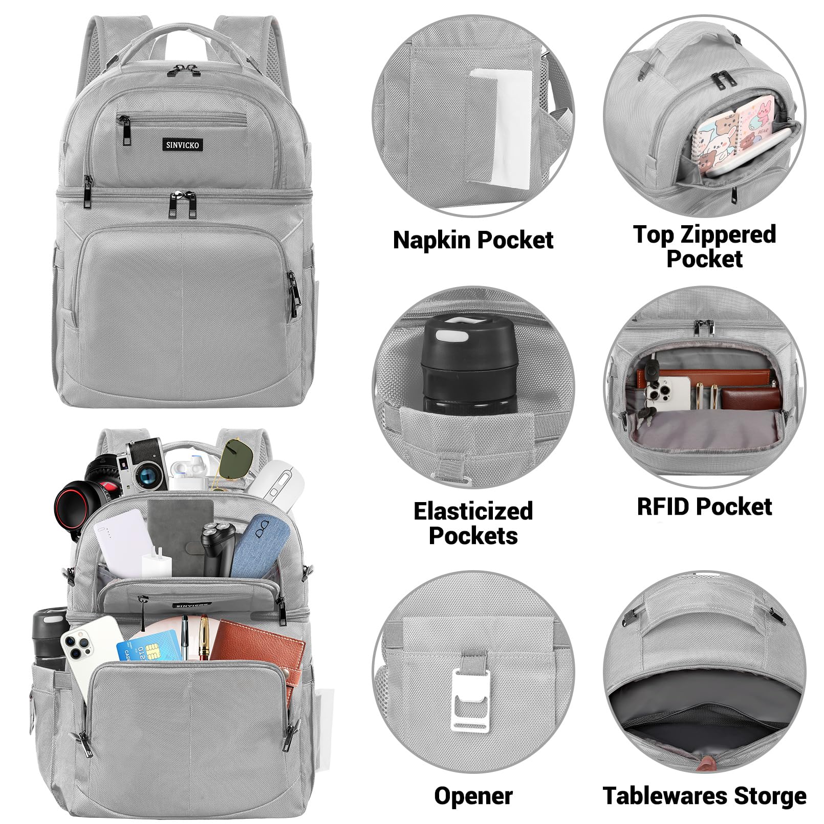 SINVICKO insulated backpack main compartment optimized for organized lunch and snacks during travel