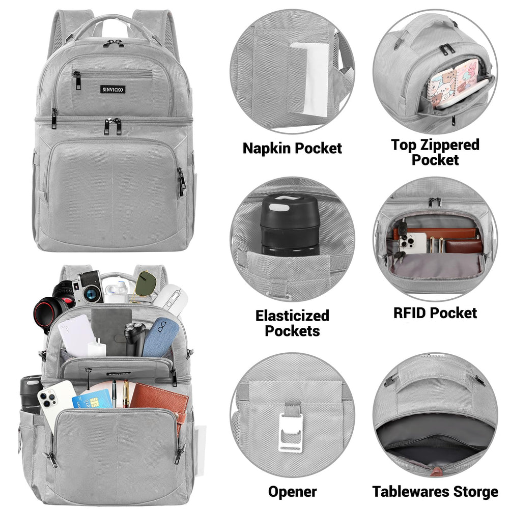 SINVICKO insulated backpack main compartment optimized for organized lunch and snacks during travel