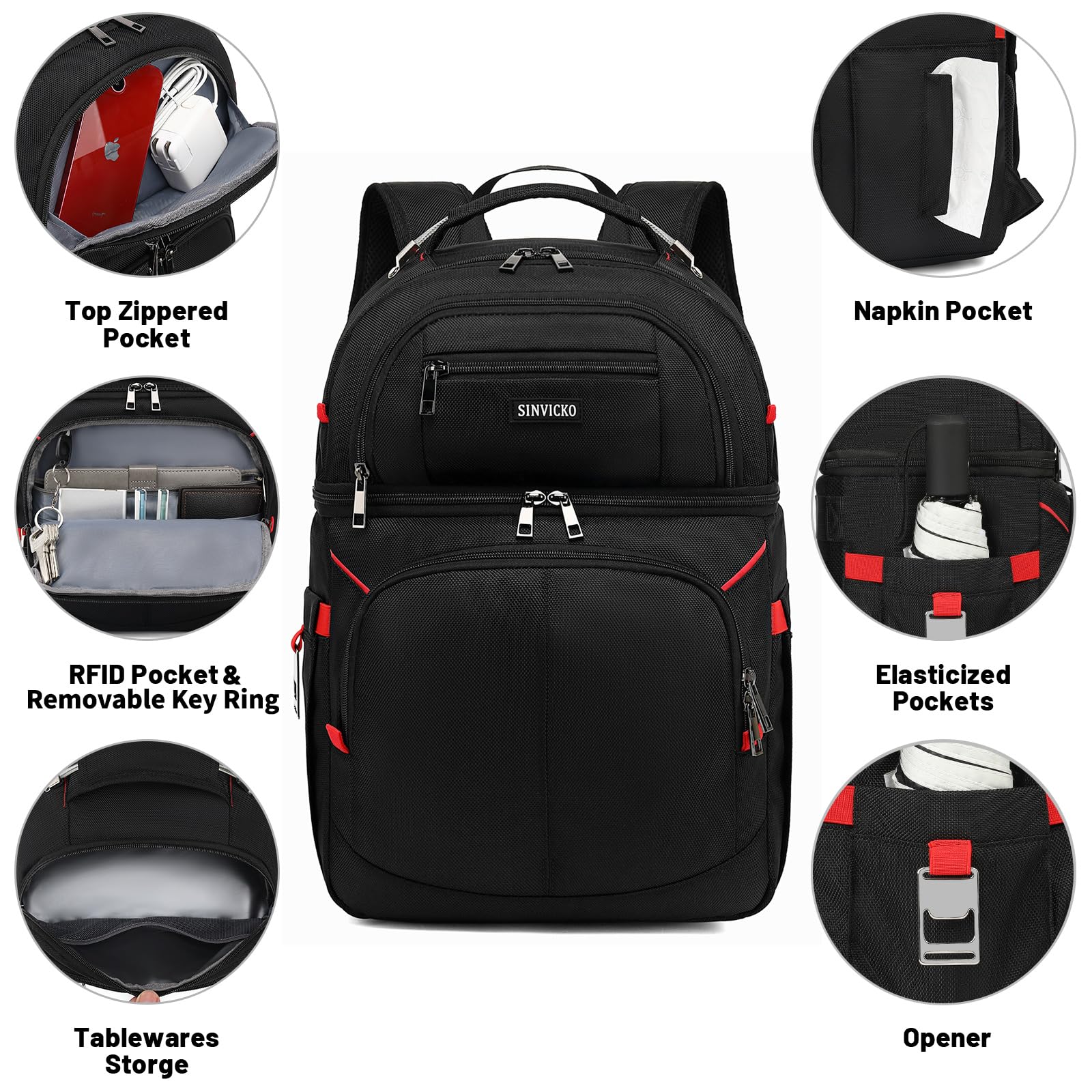 SINVICKO Insulated Backpack open compartment reveals dry items and easy access.