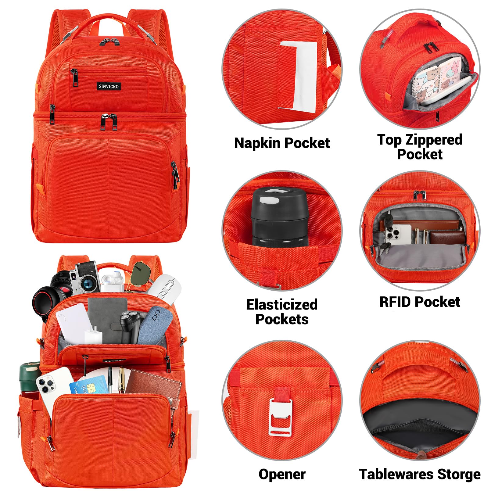 SINVICKO insulated cooler backpack open compartment for organization